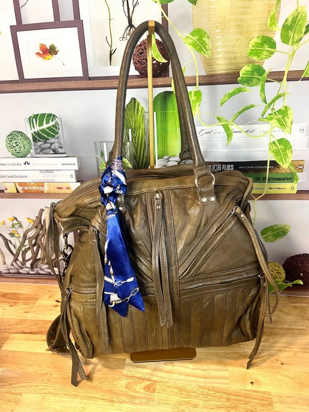 Vintage Y2K Junior Drake Bag Olive Brown Leather Pinup Ladies Lining Hobo - Picture 12 of 12